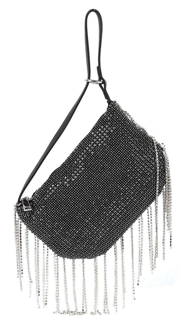 Rhinestone Fringe Black Stone Shoulder Bag