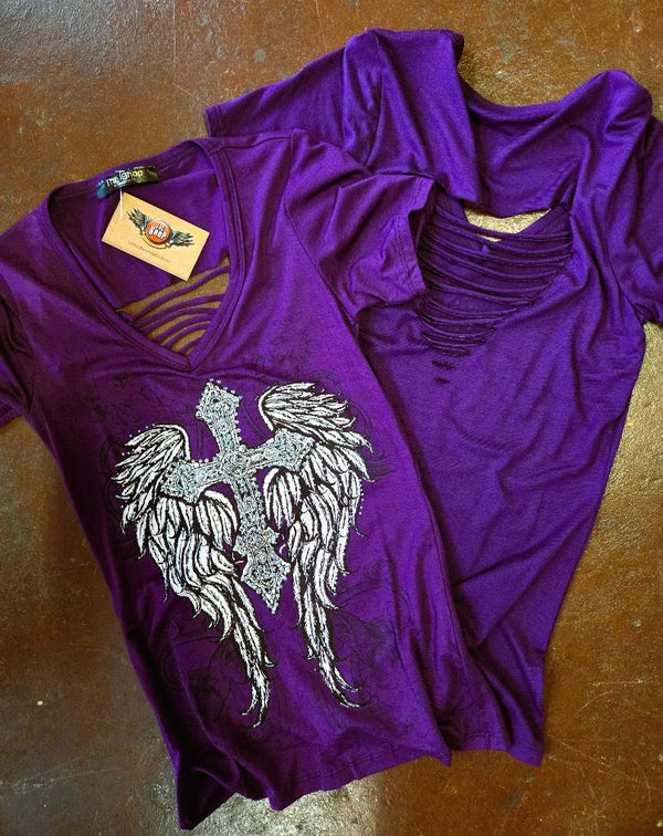 Purple V Neck Bling Cross T